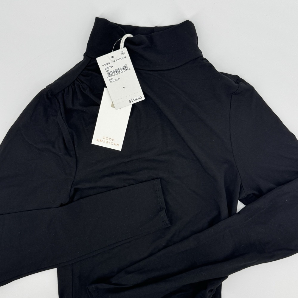 GOOD AMERICAN Ruched Turtleneck Bodysuit Black Long Sleeve High Neck Thong 0/SM - Picture 7 of 9